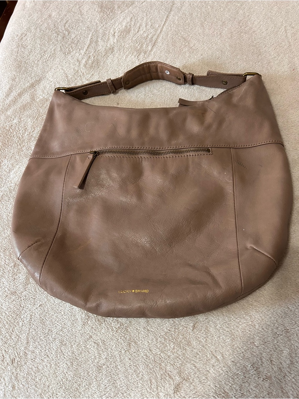 Lucky Brand Taupe Soft Leather Shoulder Hobo Bag Lined Pockets Slouchy